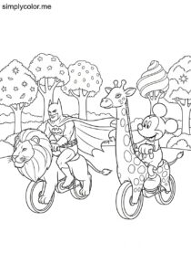 Batman and Mickey Mouse riding colorful bicycles shaped like animals in a magical park coloring page Batman and Mickey Mouse riding colorful bicycles shaped like animals in a magical park coloring page