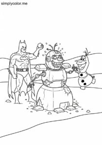 Batman and Olaf building a snowman that turns into a robot in the middle of a winter field coloring page