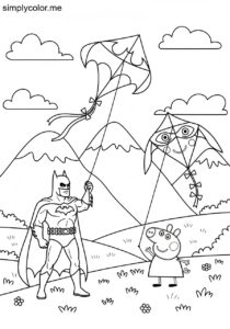 Batman and Peppa Pig flying kites shaped like superheroes over a colorful mountain meadow coloring page Batman and Peppa Pig flying kites shaped like superheroes over a colorful mountain meadow coloring page