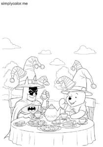 Batman and Winnie the Pooh having a tea party with lots of funny hats and snacks coloring page
