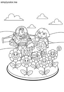 Buzz Lightyear and Dora the Explorer planting a magical garden full of talking flowers coloring page Buzz Lightyear and Dora the Explorer planting a magical garden full of talking flowers coloring page