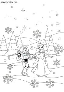 Buzz Lightyear and Elsa dancing in a magical winter wonderland under glowing stars coloring page