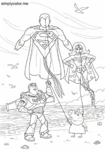 Buzz Lightyear and Peppa Pig flying giant kites shaped like superheroes on a windy beach day coloring page