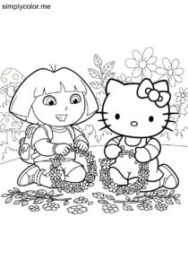 Dora the Explorer and Hello Kitty making colorful flower crowns for a magical garden party coloring page Dora the Explorer and Hello Kitty making colorful flower crowns for a magical garden party coloring page