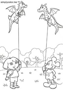 Dora the Explorer and Mickey Mouse flying kites shaped like dragons at the park coloring page Dora the Explorer and Mickey Mouse flying kites shaped like dragons at the park coloring page