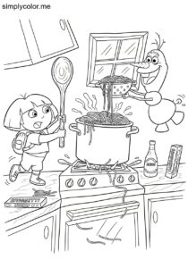 Dora the Explorer and Olaf trying to cook spaghetti in a wobbly kitchen coloring page Dora the Explorer and Olaf trying to cook spaghetti in a wobbly kitchen coloring page