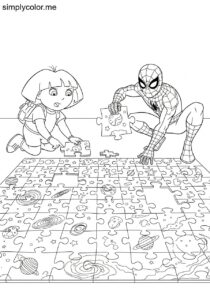 Dora the Explorer and Spider-Man trying to solve a giant jigsaw puzzle of the universe coloring page