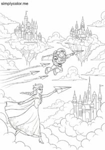 Elsa and Buzz Lightyear racing paper airplanes through a dreamy cloud city coloring page