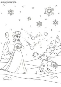 Elsa and Mickey Mouse having a snowball fight with glowing snowflakes in a winter wonderland coloring page