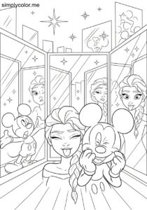 Elsa and Mickey Mouse making funny faces in a mirror maze full of sparkling lights coloring page Elsa and Mickey Mouse making funny faces in a mirror maze full of sparkling lights coloring page