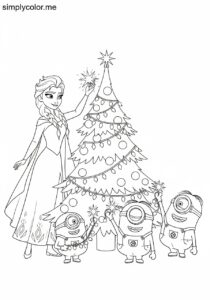 Elsa and Minions decorating a magical Christmas tree with glowing stars and fairy lights coloring page