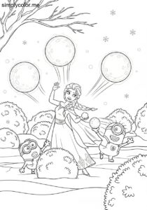 Elsa and Minions having a silly snowball fight with glowing snowballs in a winter garden coloring page