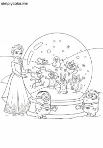 Elsa and Minions making a giant snow globe filled with colorful dancing cartoon characters coloring page