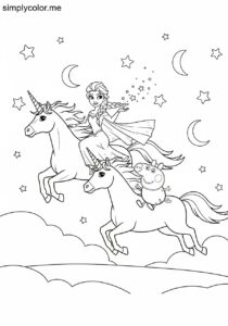Elsa and Peppa Pig riding magical unicorns over a sparkling night sky coloring page Elsa and Peppa Pig riding magical unicorns over a sparkling night sky coloring page