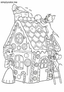 Elsa and Tom and Jerry decorating a giant gingerbread house with colorful candy and icing coloring page