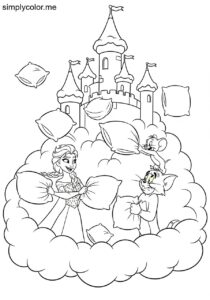 Elsa and Tom and Jerry having a silly pillow fight in a fluffy cloud castle coloring page Elsa and Tom and Jerry having a silly pillow fight in a fluffy cloud castle coloring page