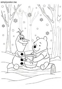 Frozen’s Olaf and Winnie the Pooh sharing honey in the snowy woods coloring page