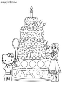 Hello Kitty and Anna baking a giant cake covered in colorful candy toppings coloring page