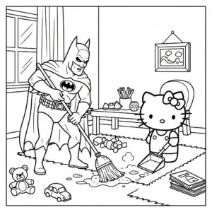 Hello Kitty and Batman cleaning a room coloring page