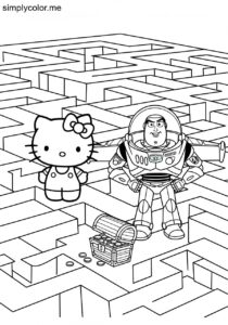 Hello Kitty and Buzz Lightyear hunting for hidden treasures inside a giant maze coloring page Hello Kitty and Buzz Lightyear hunting for hidden treasures inside a giant maze coloring page