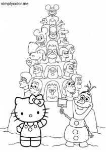 Hello Kitty and Olaf building a giant snow sculpture of their favorite cartoon characters coloring page Hello Kitty and Olaf building a giant snow sculpture of their favorite cartoon characters coloring page