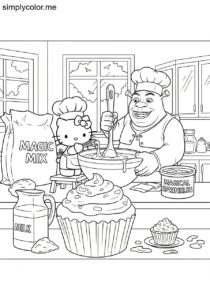 Hello Kitty and Shrek baking giant cupcakes with magical sprinkles in a bright kitchen coloring page