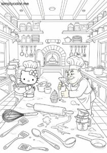 Hello Kitty and Shrek making cupcakes in a giant kitchen full of funny utensils coloring page