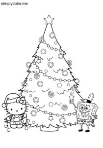 Hello Kitty and SpongeBob decorating a giant Christmas tree with glowing, floating lights coloring page