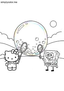 Hello Kitty and SpongeBob making giant bubbles filled with rainbow confetti at a sunny festival coloring page