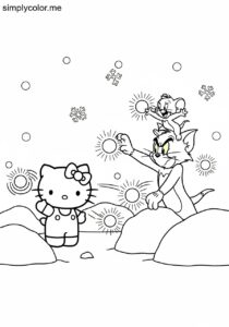 Hello Kitty and Tom and Jerry having a snowball fight with magical glowing snowballs coloring page