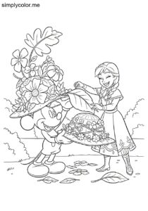 Mickey Mouse and Anna making funny hats out of flowers and leaves for a garden party coloring page