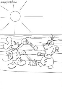Mickey Mouse and Olaf having a snowball fight during a sunny beach day coloring page Mickey Mouse and Olaf having a snowball fight during a sunny beach day coloring page
