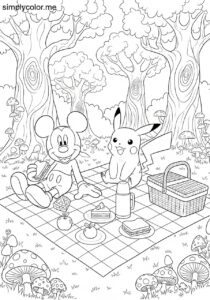 Mickey Mouse and Pikachu having a picnic in a magical forest coloring page Mickey Mouse and Pikachu having a picnic in a magical forest coloring page