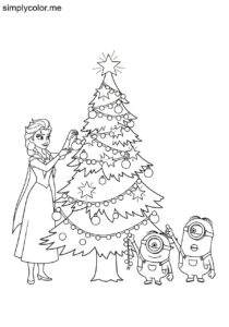 Minions and Elsa decorating a magical Christmas tree with glowing stars and sparkling lights coloring page