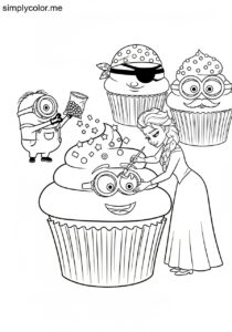 Minions and Elsa decorating giant cupcakes with bright sprinkles and funny faces coloring page