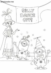Minions and Elsa hosting a silly dance competition with crazy hats and funny moves coloring page