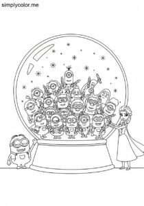 Minions and Elsa making a giant snow globe filled with colorful, moving cartoon characters coloring page