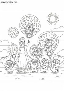 Minions and Elsa making giant bubbles filled with colorful confetti at a sunny festival coloring page