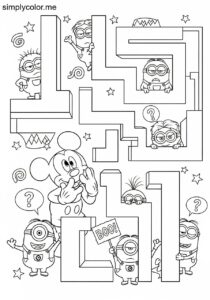 Minions and Mickey Mouse playing a funny game of hide and seek in a colorful maze coloring page Minions and Mickey Mouse playing a funny game of hide and seek in a colorful maze coloring page