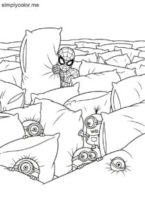 Minions and Spider-Man playing hide and seek in a giant maze made of pillows coloring page