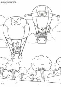 Minnie Mouse and Buzz Lightyear flying colorful hot air balloons over a cartoon forest coloring page Minnie Mouse and Buzz Lightyear flying colorful hot air balloons over a cartoon forest coloring page