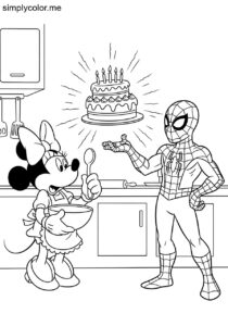 Minnie Mouse and Spider-Man trying to bake a cake that magically floats in the air coloring page