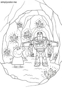 Peppa Pig and Buzz Lightyear exploring a mysterious cave filled with glowing crystals coloring page Peppa Pig and Buzz Lightyear exploring a mysterious cave filled with glowing crystals coloring page
