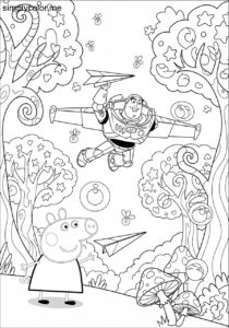 Peppa Pig and Buzz Lightyear flying paper airplanes through a magical forest full of surprises coloring page