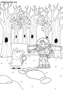 Peppa Pig and Buzz Lightyear searching for alien footprints in a spooky forest coloring page