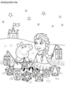 Peppa Pig and Elsa making colorful lanterns for a magical nighttime parade at the castle coloring page Peppa Pig and Elsa making colorful lanterns for a magical nighttime parade at the castle coloring page