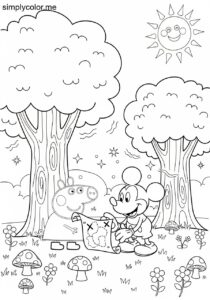 Peppa Pig and Mickey Mouse discovering a hidden treasure map in a magical forest coloring page