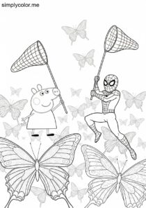 Peppa Pig and Spider-Man trying to catch magical butterflies with giant nets coloring page