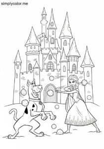 Scooby-Doo and Elsa having a snowball fight in front of a spooky haunted castle coloring page