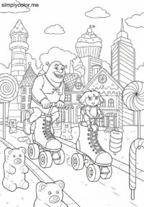 Shrek and Dora the Explorer riding giant roller skates through a candy-colored city coloring page Shrek and Dora the Explorer riding giant roller skates through a candy-colored city coloring page